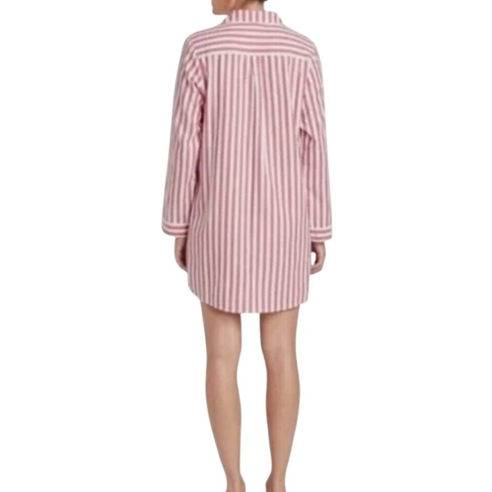 Red & White Striped Button-Down Nightshirt Stars Above Long Sleeves Flannel XL - Picture 5 of 11